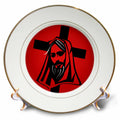 Porcelain plate with gold rim, red circle and black Jesus vector graphic