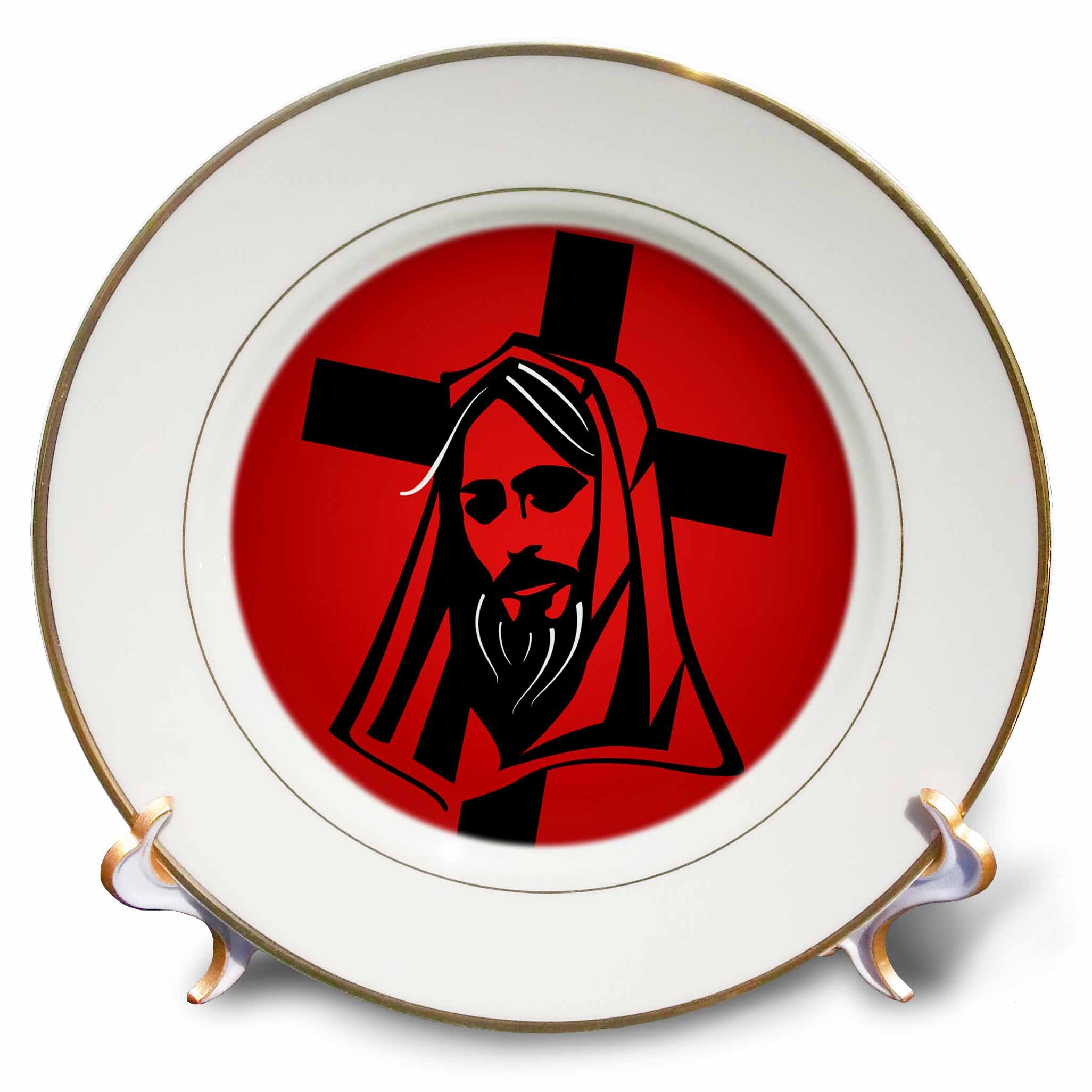 Porcelain plate with gold rim, red circle and black Jesus vector graphic