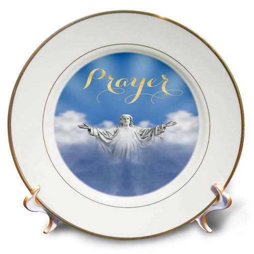 Porcelain prayer plate with golden rim and Jesus in clouds, 'Prayer' text