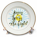 Porcelain plate with gold rim and quote design, blue rays behind gold lettering