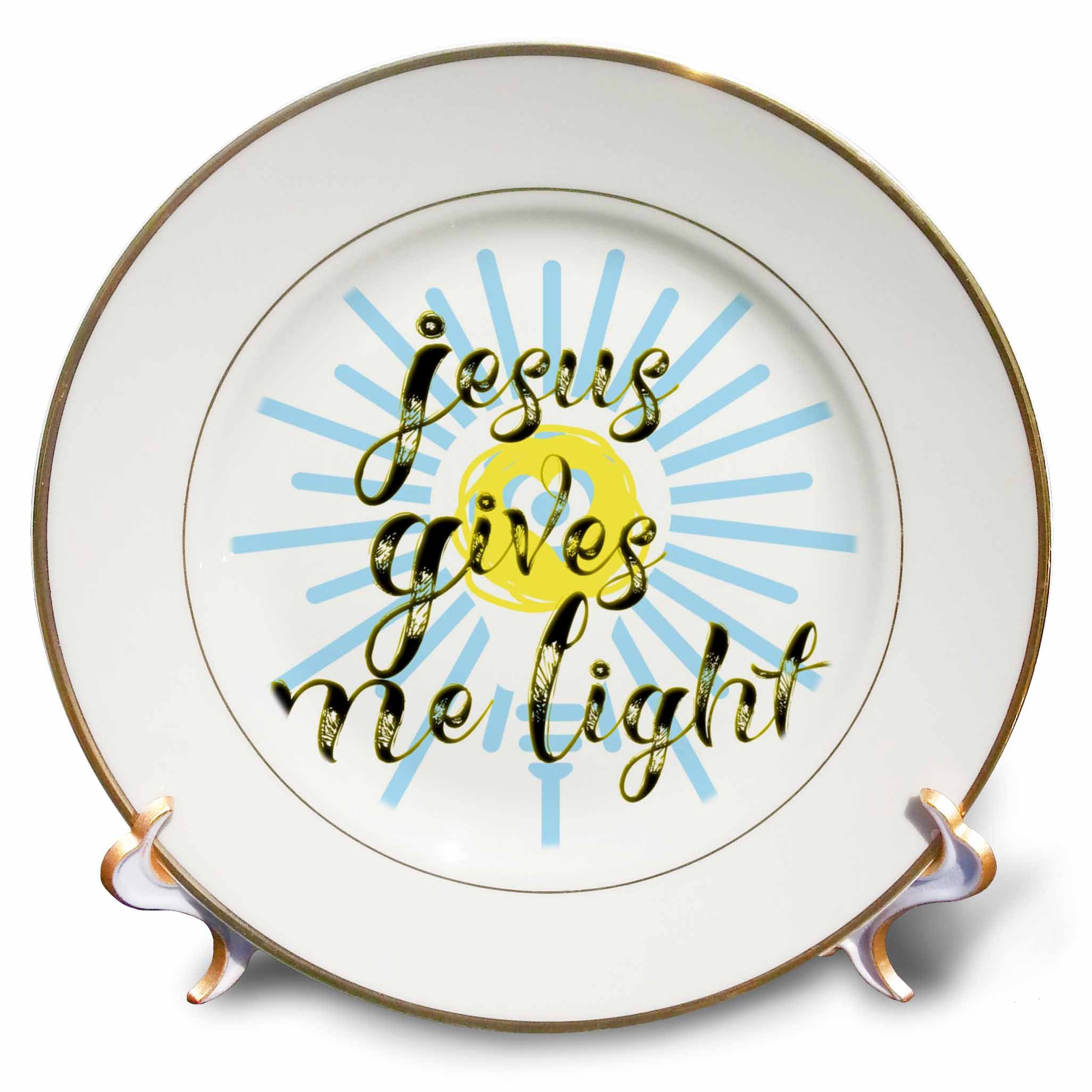 Porcelain plate with gold rim and quote design, blue rays behind gold lettering