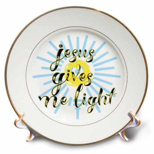 Porcelain plate with gold rim and quote design, blue rays behind gold lettering