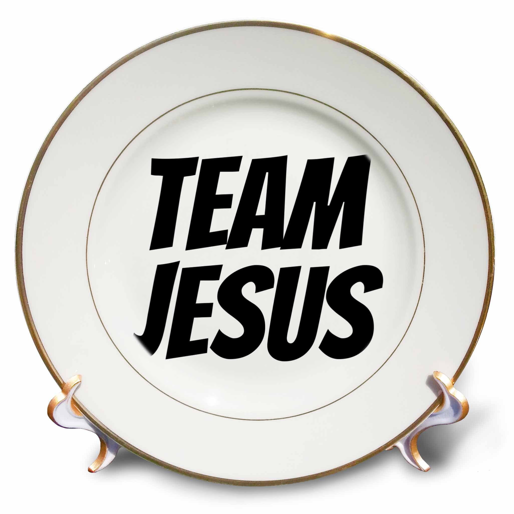 Porcelain plate with gold rim and TEAM JESUS text on white center