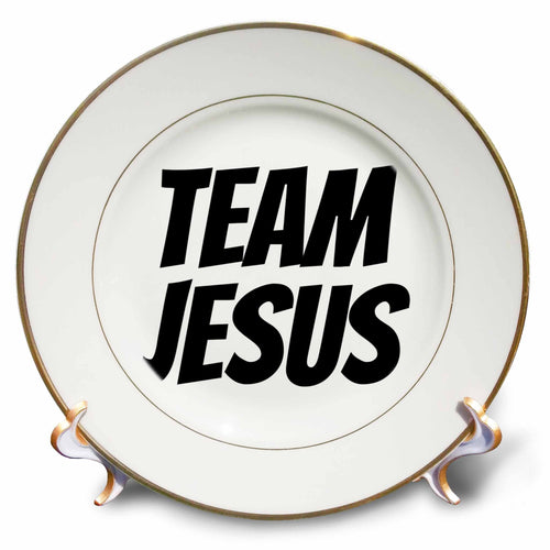 Porcelain plate with gold rim and TEAM JESUS text on white center