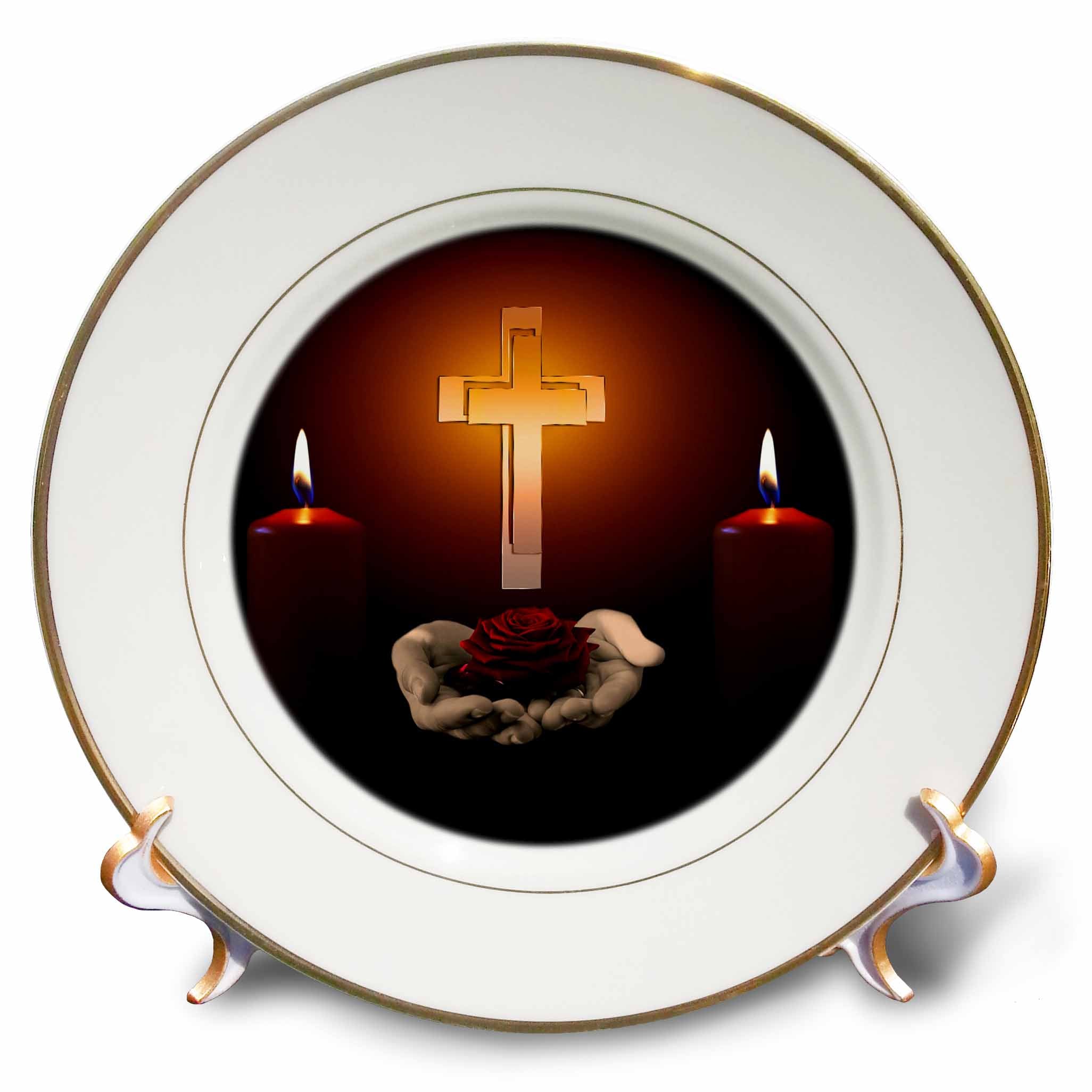 Gold-rimmed porcelain plate with central cross, two lit candles, and clasped hands
