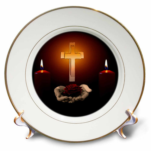 Gold-rimmed porcelain plate with central cross, two lit candles, and clasped hands