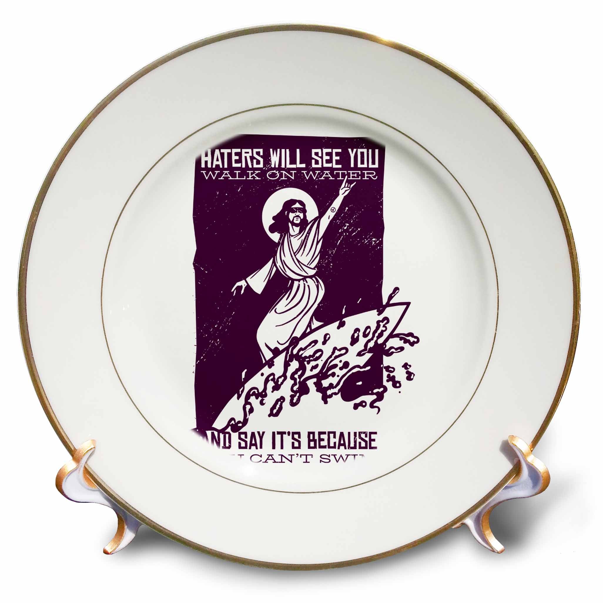 Porcelain plate with purple religious graphic and text, with two side display stands