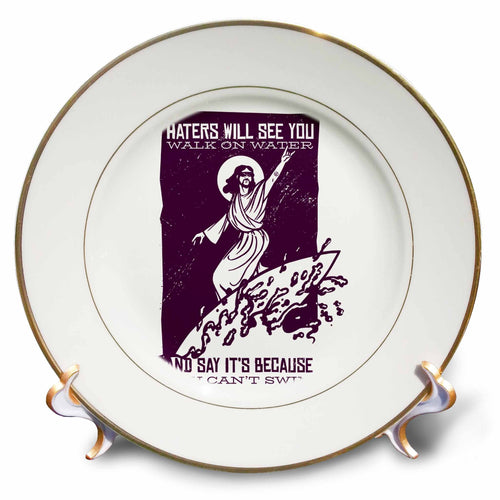 Porcelain plate with purple religious graphic and text, with two side display stands