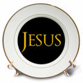 Porcelain plate with gold rim and black center featuring yellow “JESUS” text