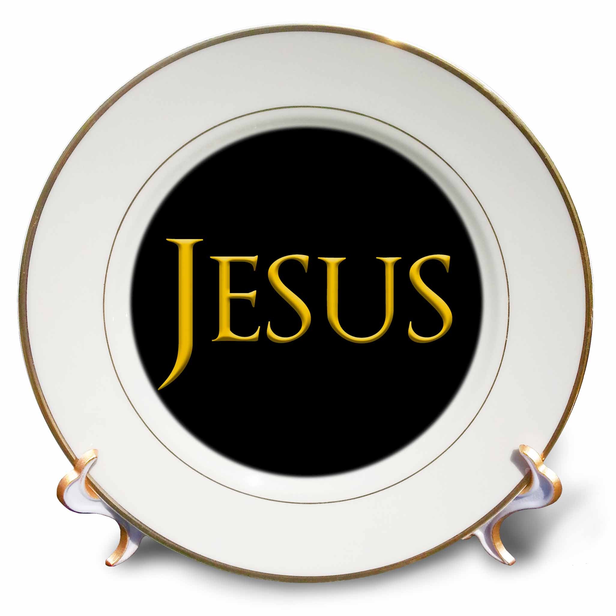 Porcelain plate with gold rim and black center featuring yellow “JESUS” text