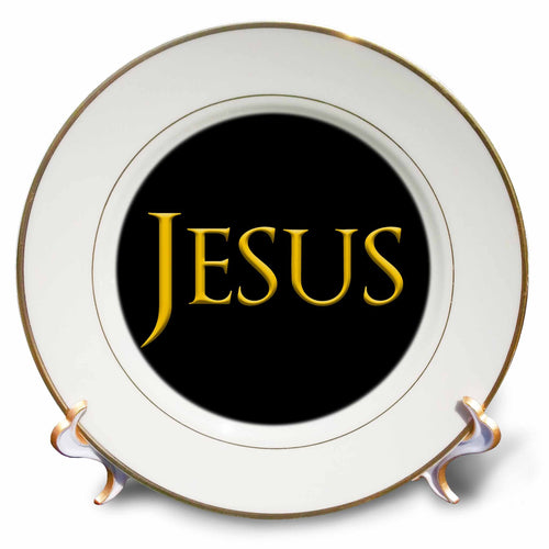 Porcelain plate with gold rim and black center featuring yellow “JESUS” text