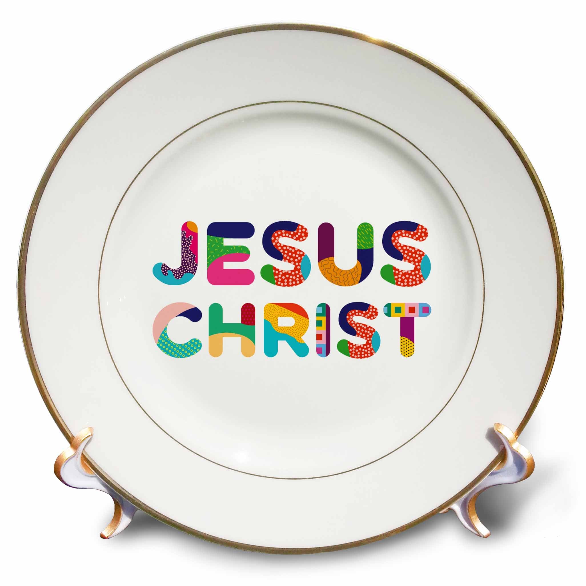 Decorative plate with gold rim and colorful Jesus Christ typography