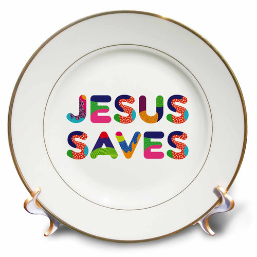Decorative porcelain plate with colorful “Jesus Saves” typography and gold rim.