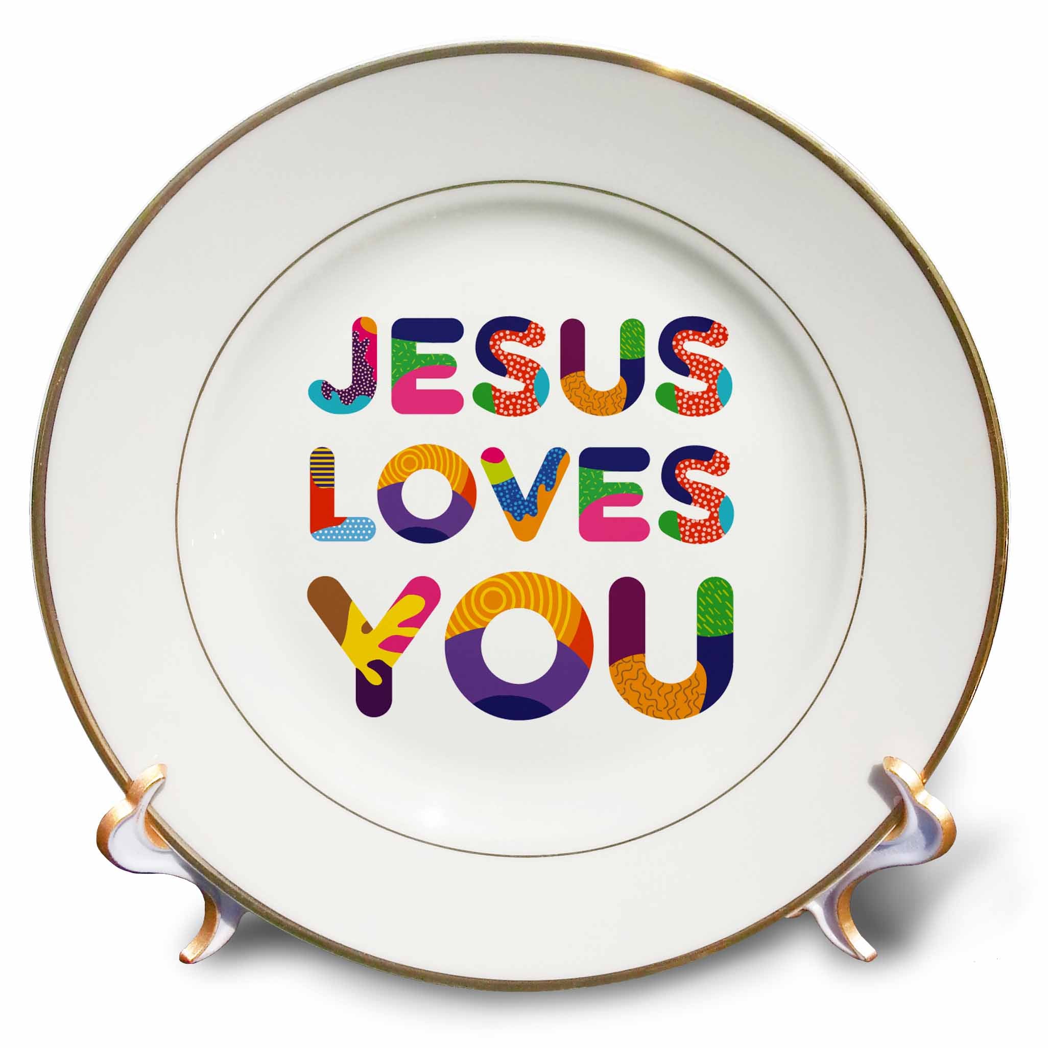 White porcelain plate with colorful 'JESUS LOVES YOU' text and thin gold rim
