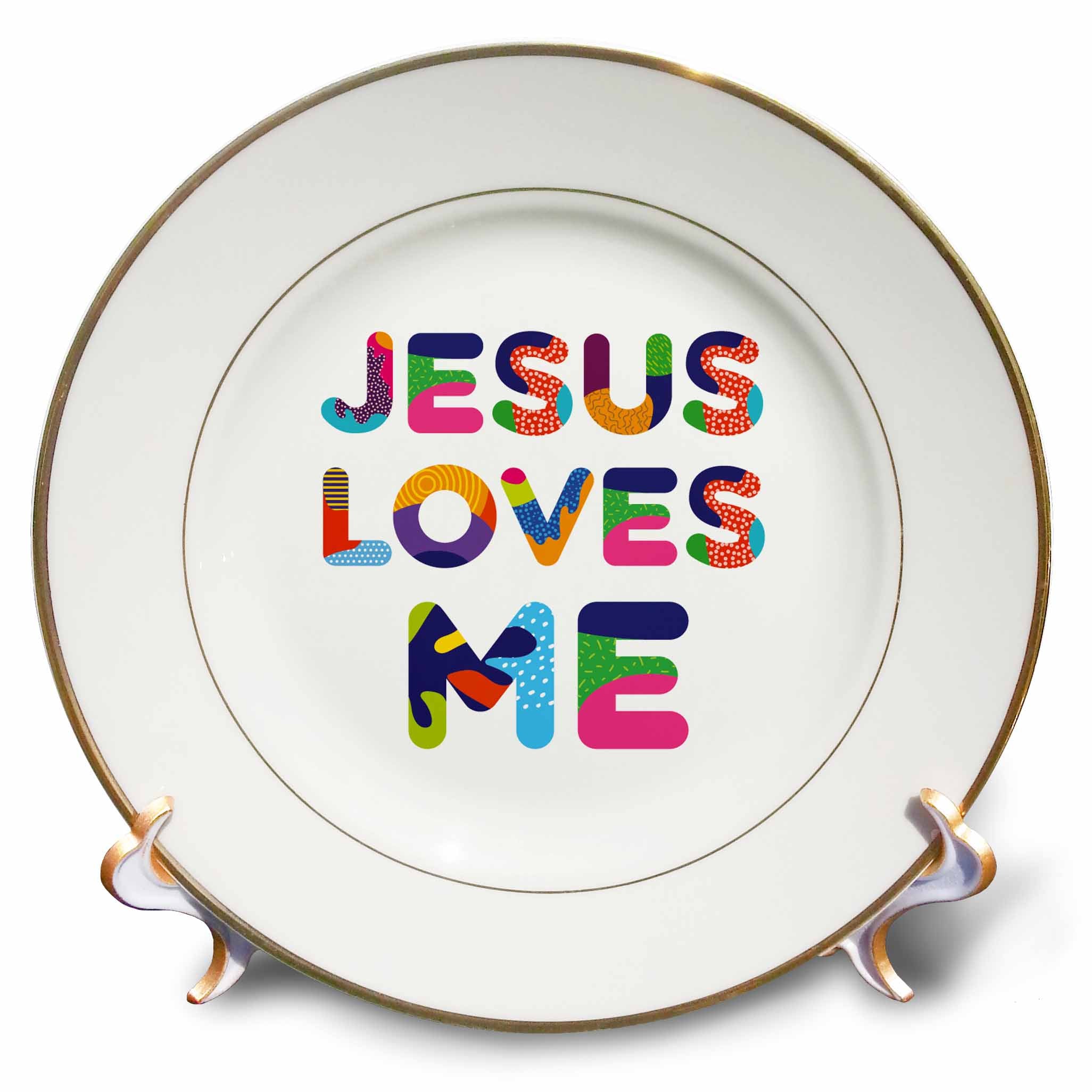 Porcelain decorative plate with colorful 'Jesus Loves Me' text design