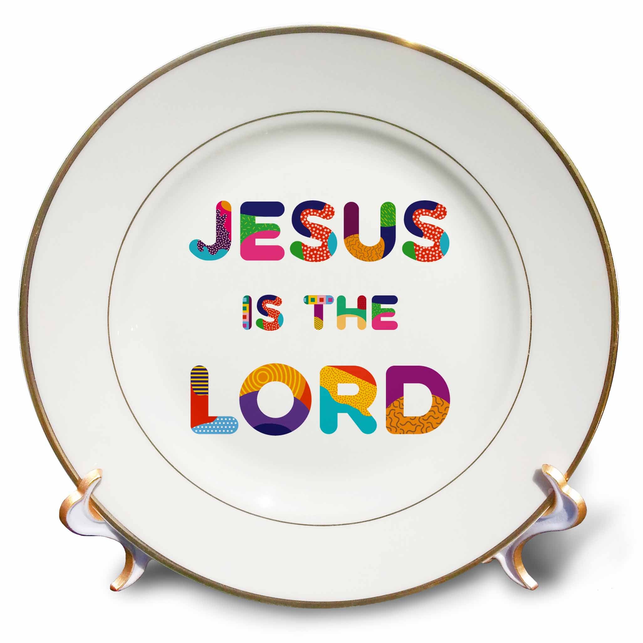Porcelain plate with gold rim and colorful 'JESUS IS THE LORD' text