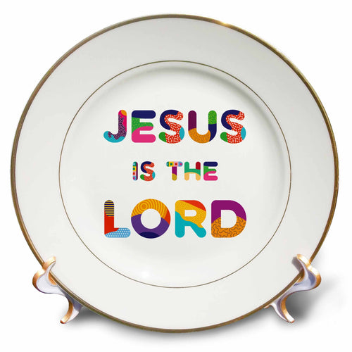 Porcelain plate with gold rim and colorful 'JESUS IS THE LORD' text