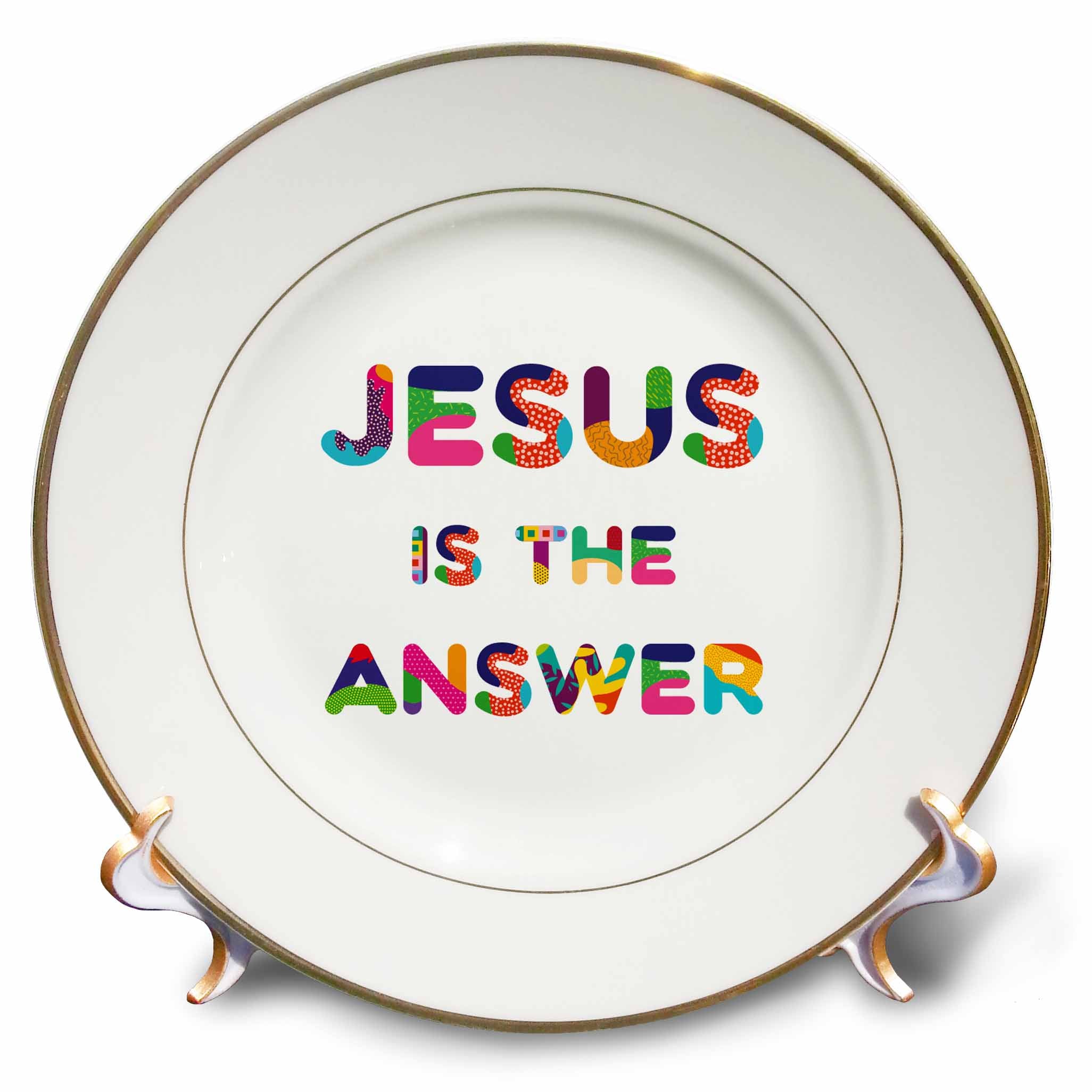 Porcelain plate with gold rim and colorful Jesus is the Answer text