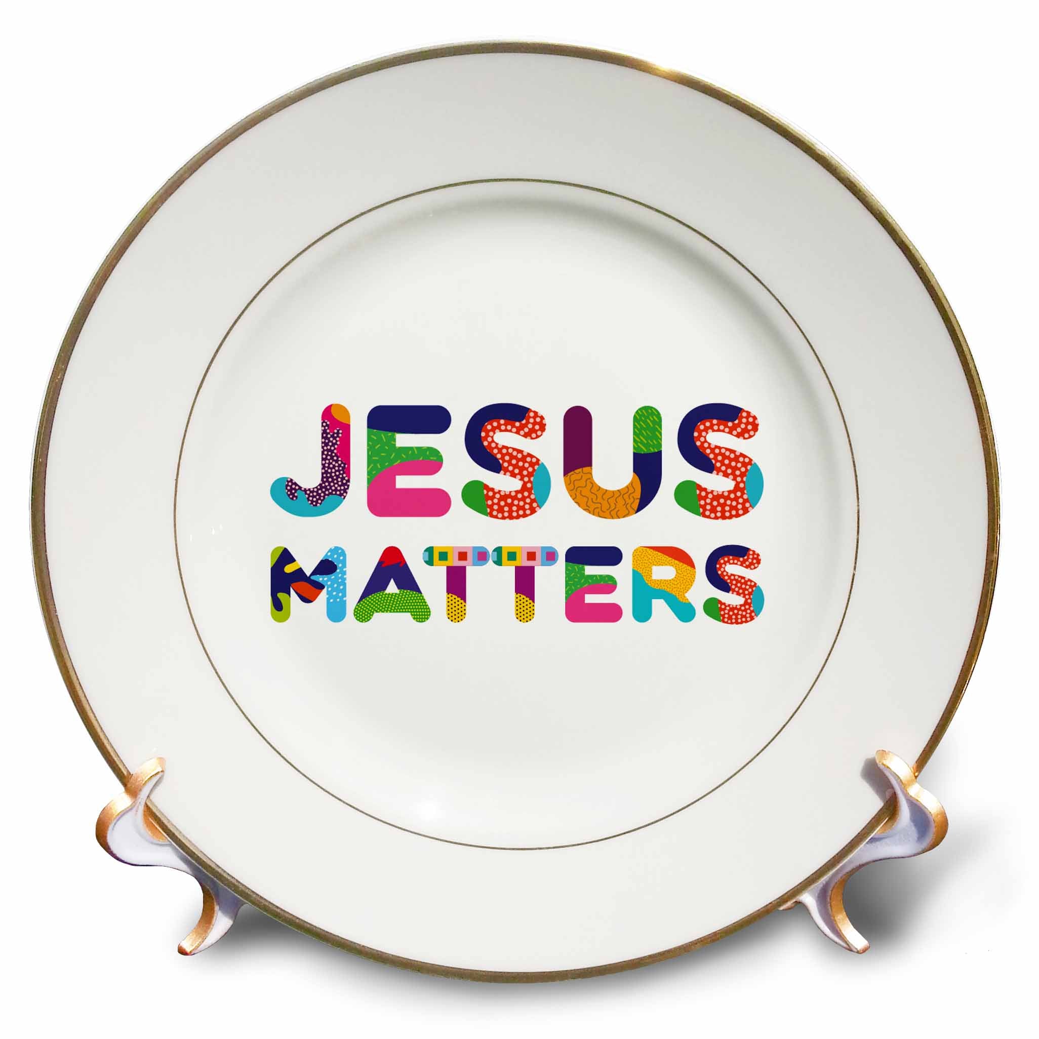 Porcelain plate with 'JESUS MATTERS' colorful lettering and gold rim.