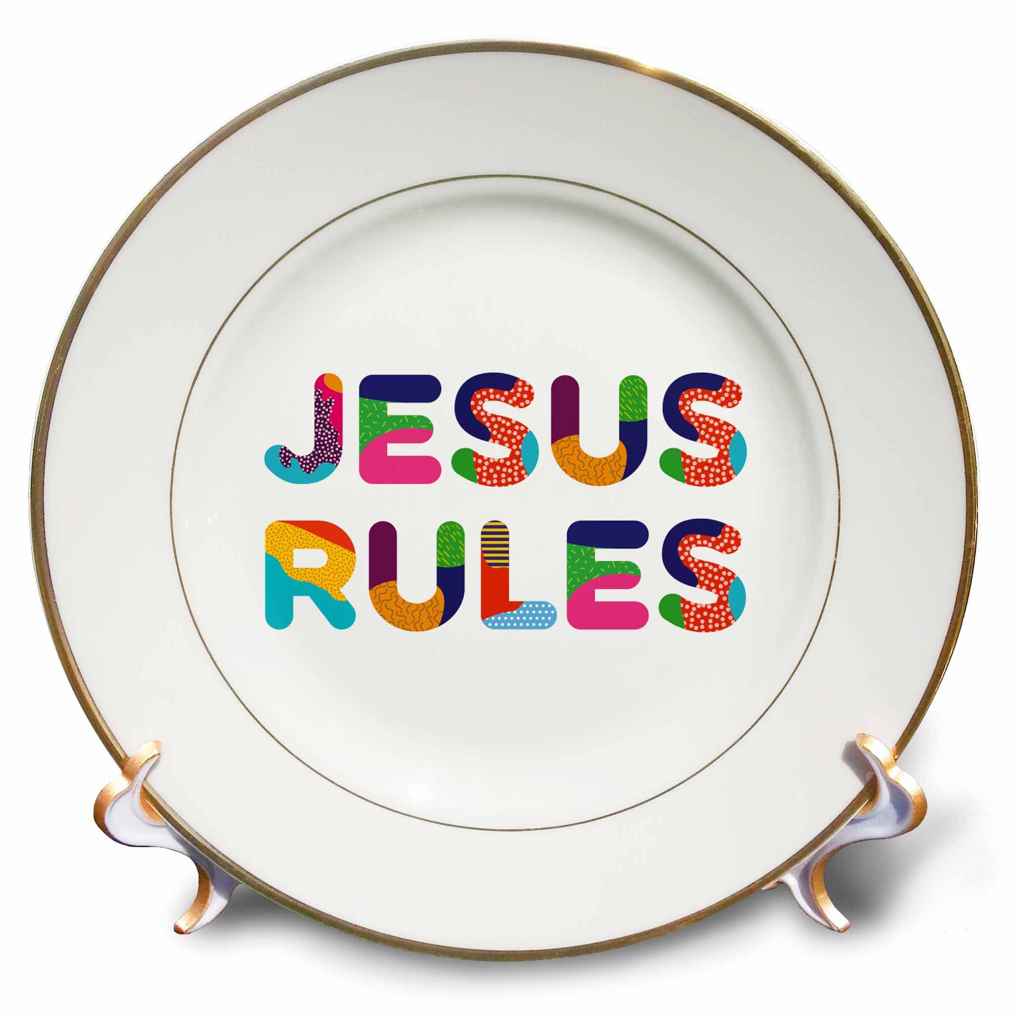 Porcelain plate with colorful “JESUS RULES” typography and gold rim