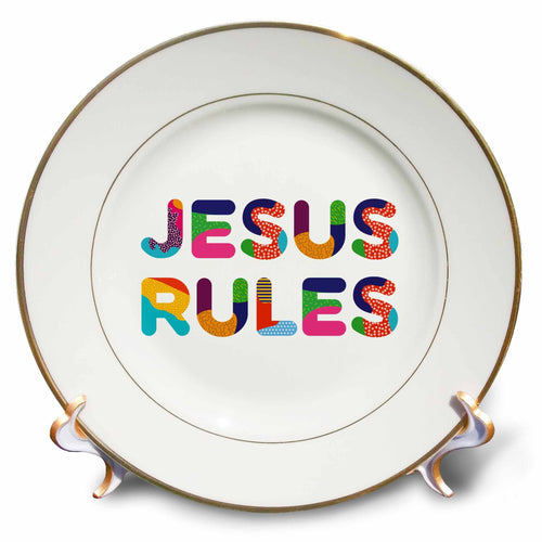 Porcelain plate with colorful “JESUS RULES” typography and gold rim