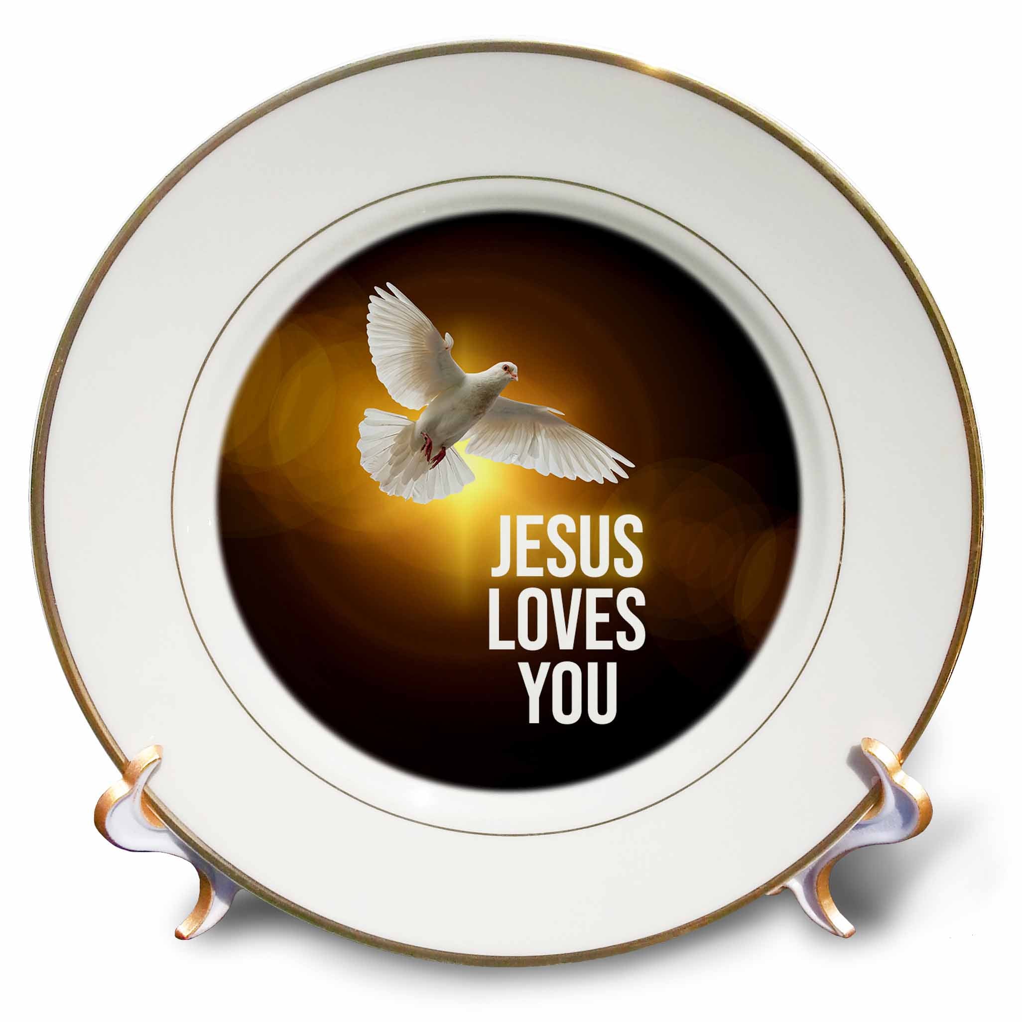 Porcelain decorative plate with gold rim, white dove graphic, and “JESUS LOVES YOU” text