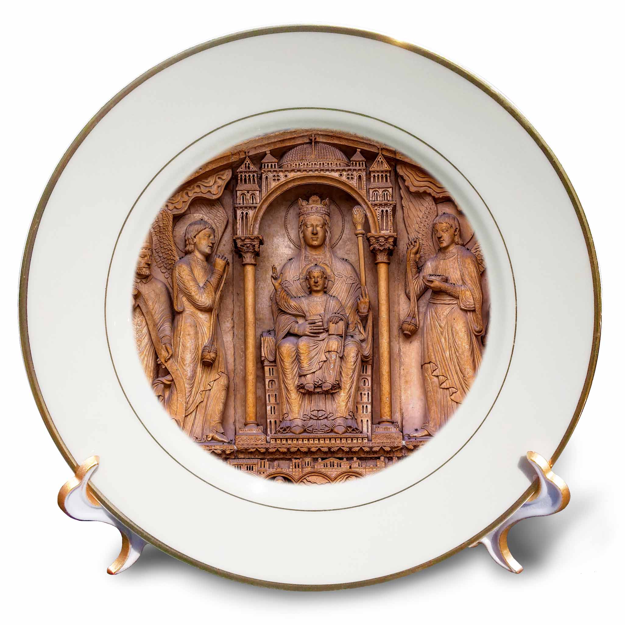 Porcelain plate with gold rim and carved relief of Mary and Jesus