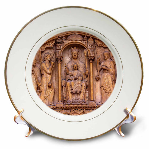 Porcelain plate with gold rim and carved relief of Mary and Jesus