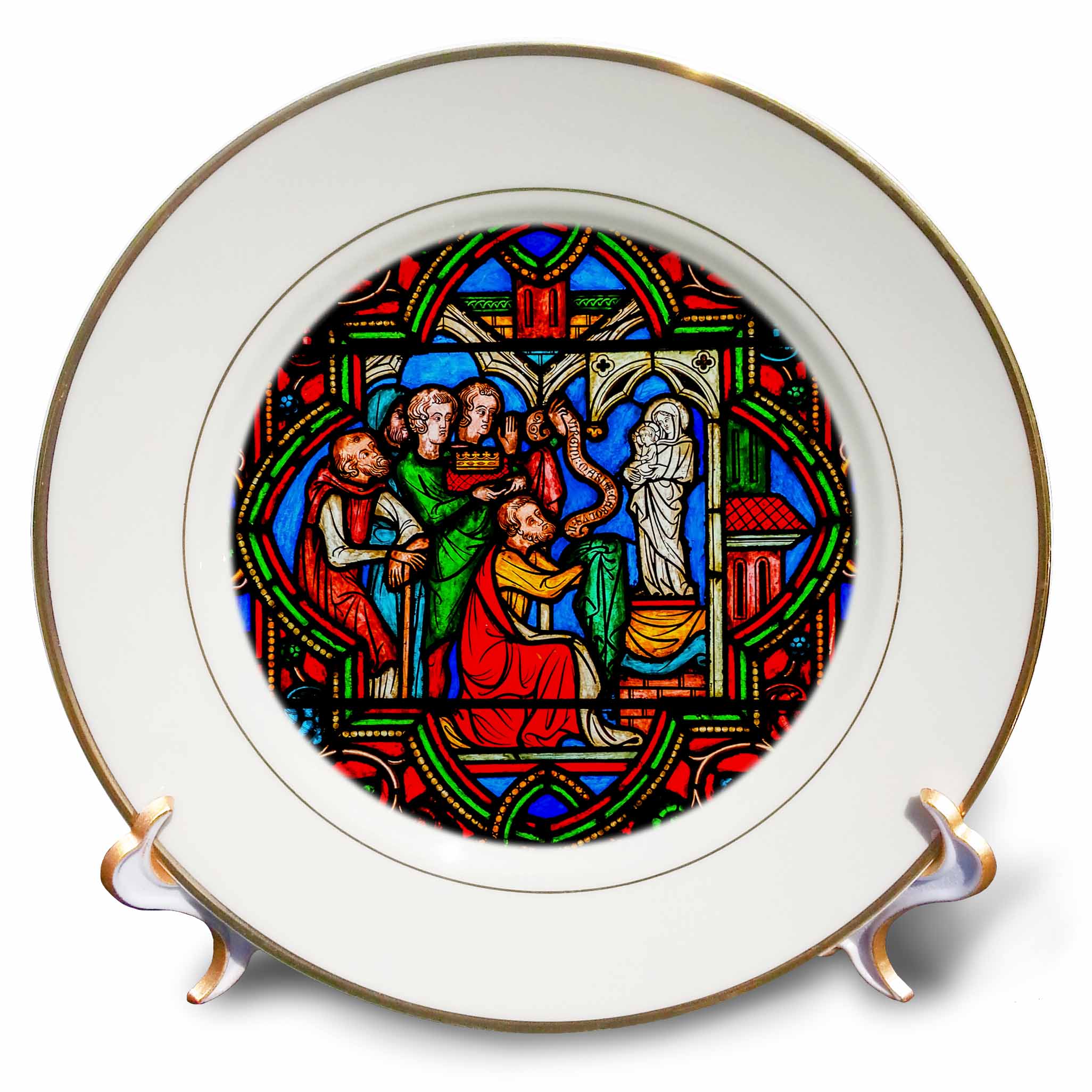 Porcelain plate with stained-glass scene of Mary and Jesus, gold rim