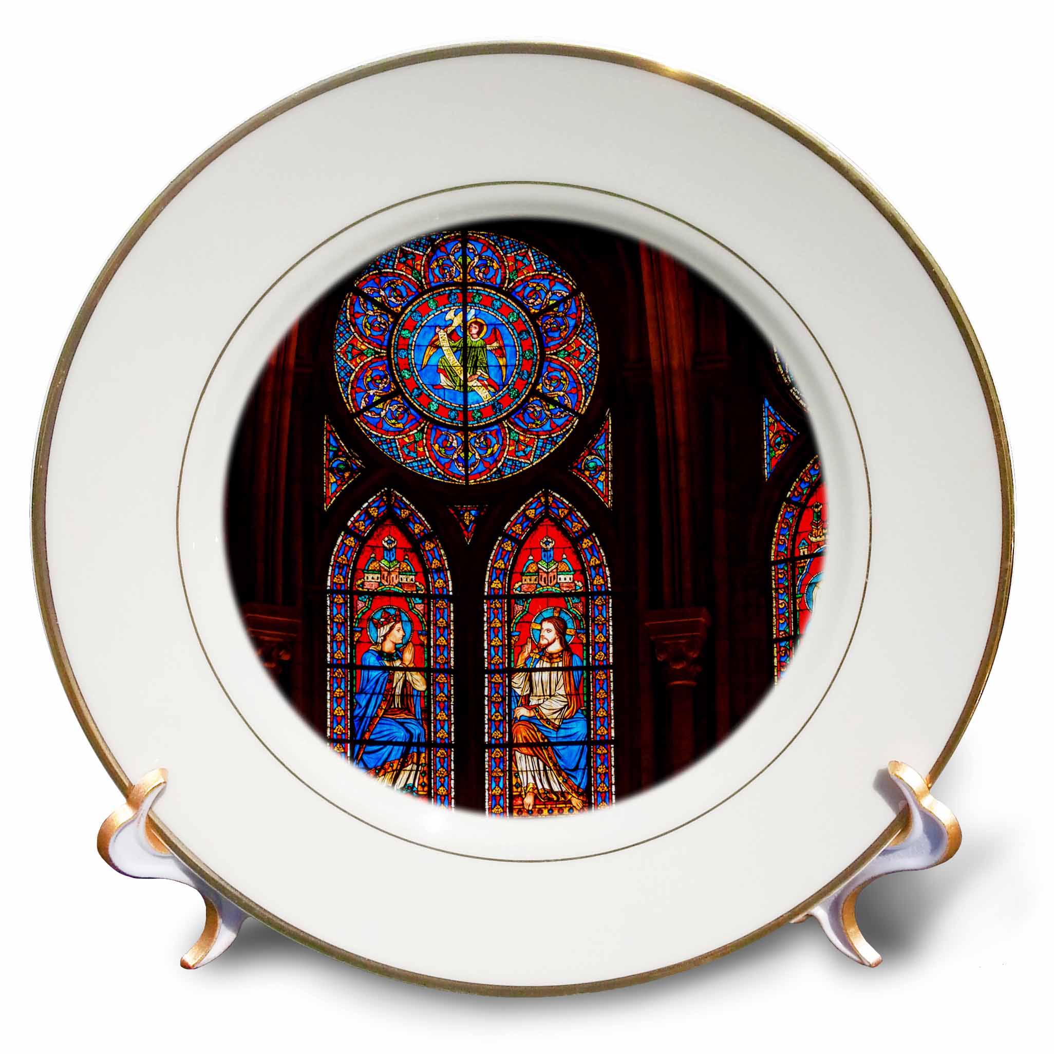 Porcelain plate with white and gold rim, featuring stained-glass angels and Jesus.