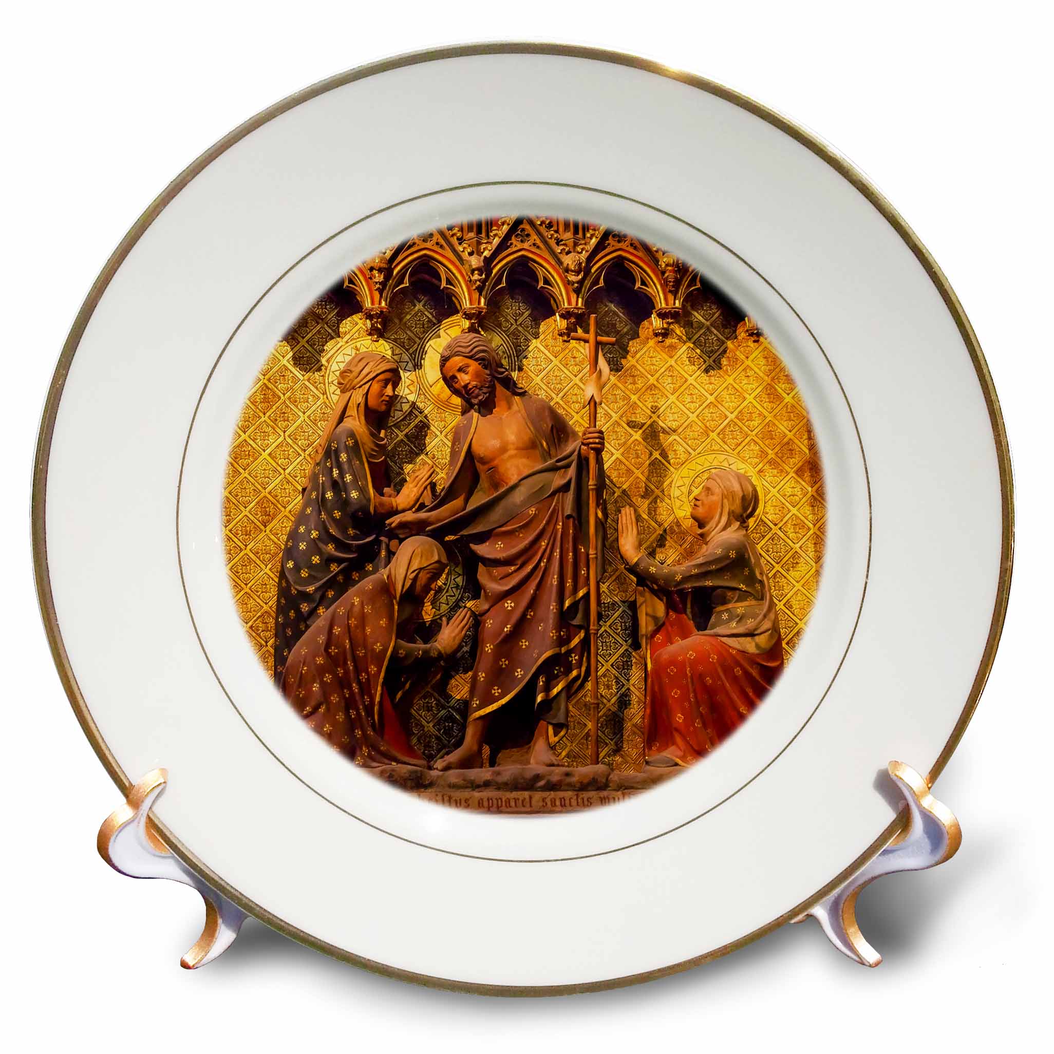 Porcelain decorative plate with gold rim and Jesus praying artwork center