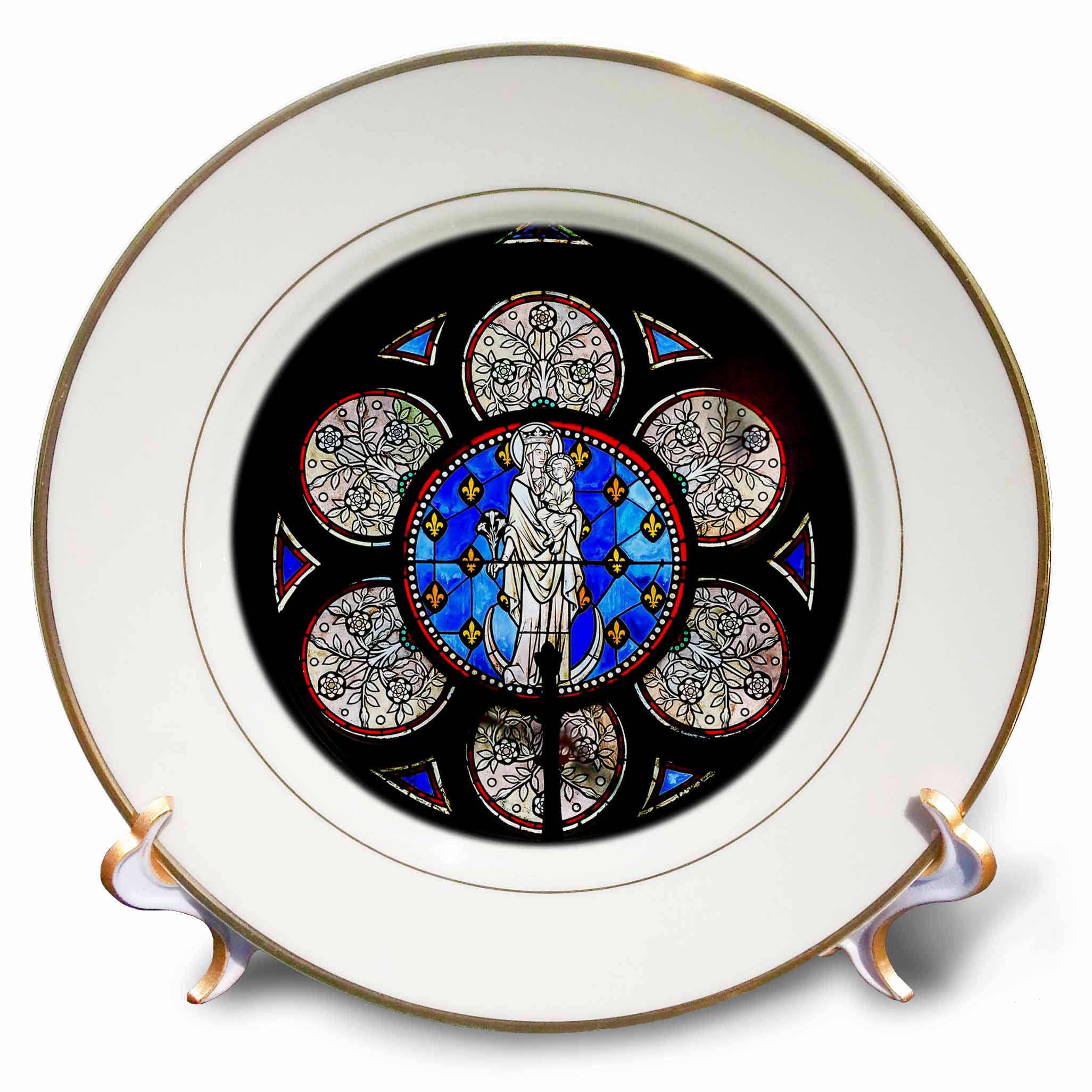 Porcelain plate with circular stained-glass Jesus figure and ornate blue border