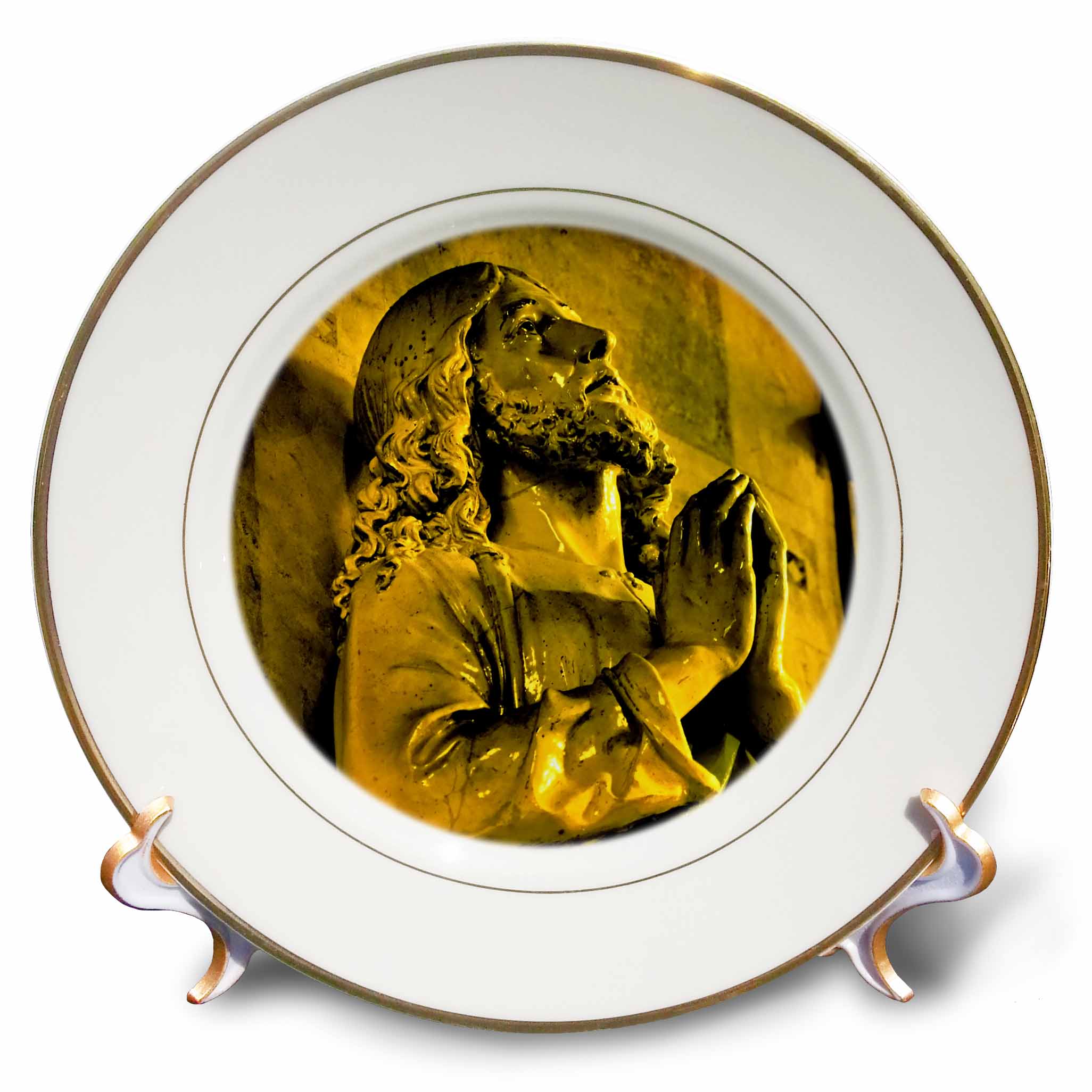 White porcelain decorative plate with gold rim and religious figure artwork, two handles