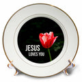 Porcelain decorative plate with red tulip and "JESUS LOVES YOU" text
