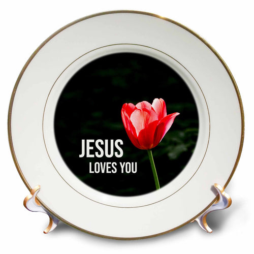Porcelain decorative plate with red tulip and "JESUS LOVES YOU" text
