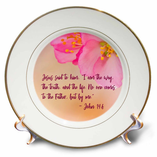 White porcelain plate with gold rim, pink flower art, and cursive scripture quote