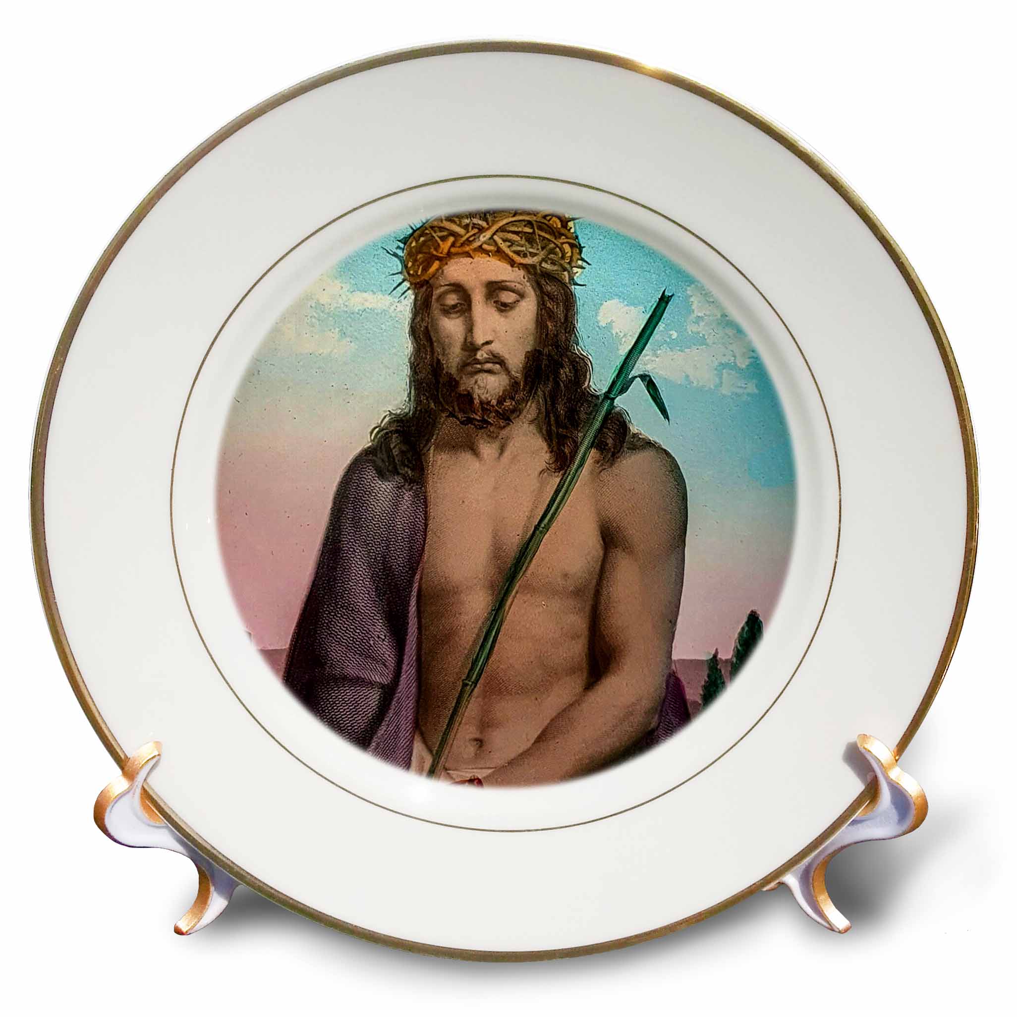 Porcelain decorative plate with hand-colored portrait of Jesus holding staff, gold rim