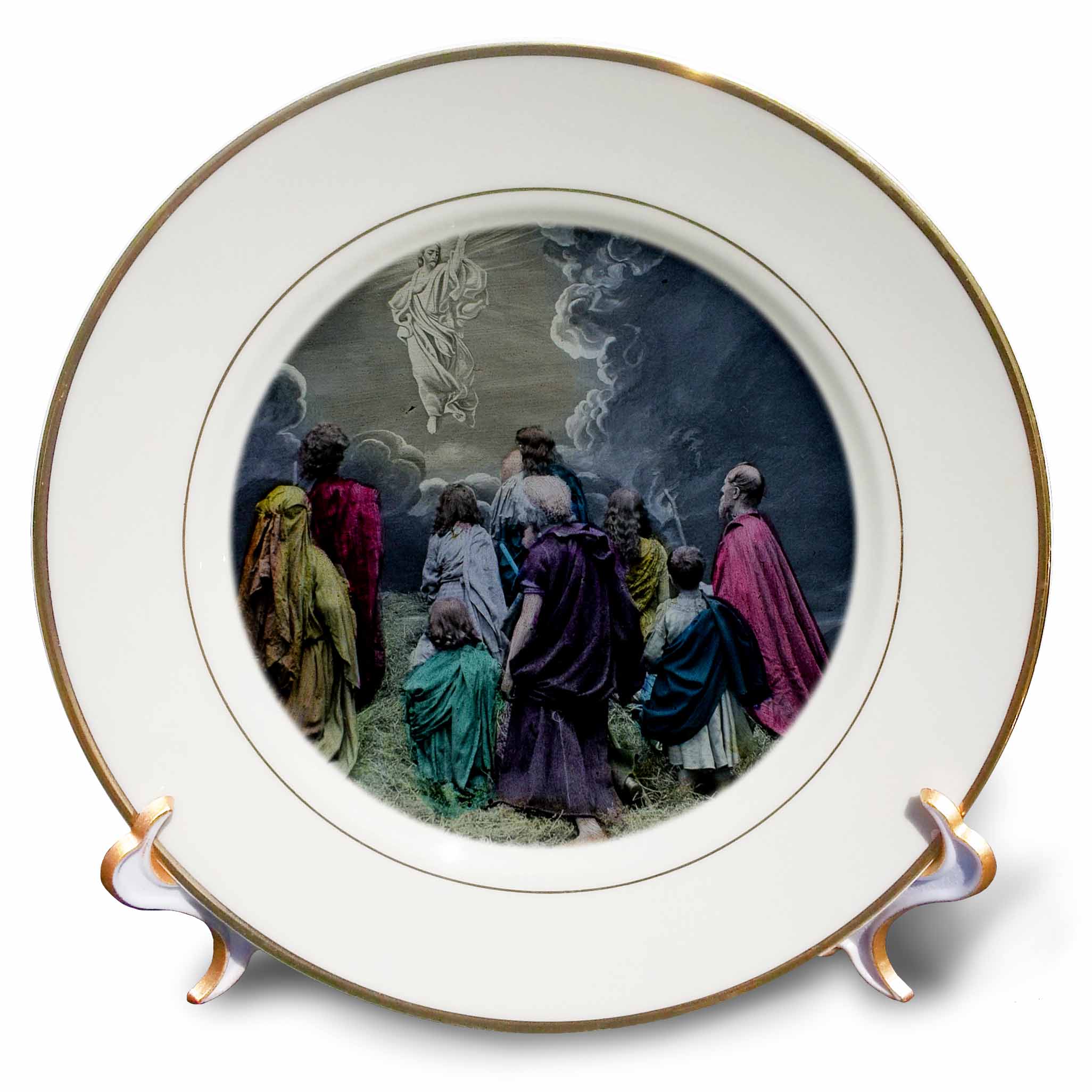 Porcelain display plate with Victorian-style Calvary scene artwork in circular frame