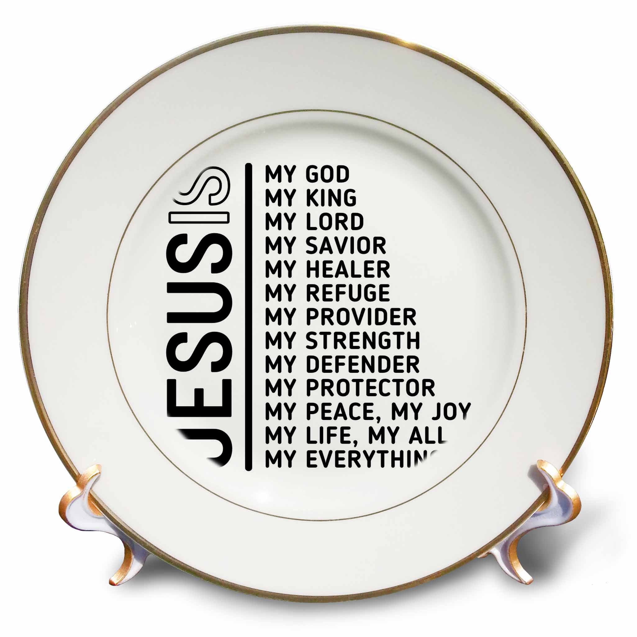 White porcelain plate with gold rim, black Jesus word column and verse text inside