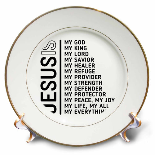 White porcelain plate with gold rim, black Jesus word column and verse text inside