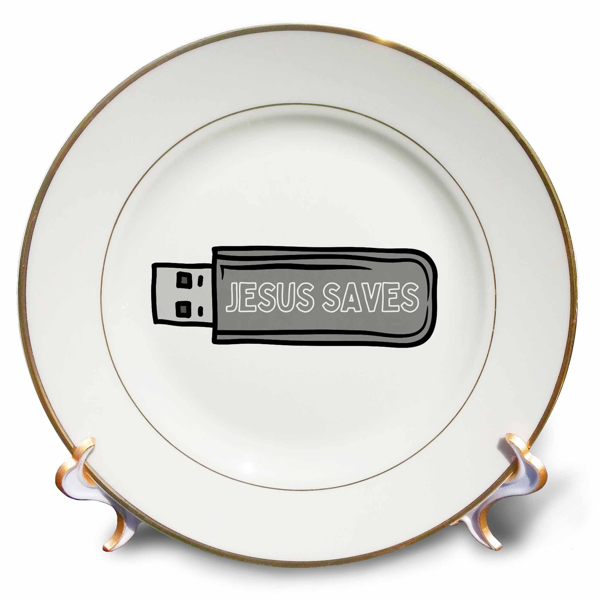 Porcelain plate with gold rim and black USB graphic reading 'JESUS SAVES'