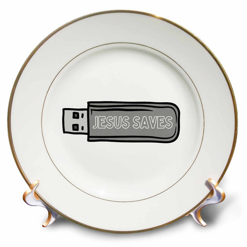 Porcelain plate with gold rim and black USB graphic reading 'JESUS SAVES'