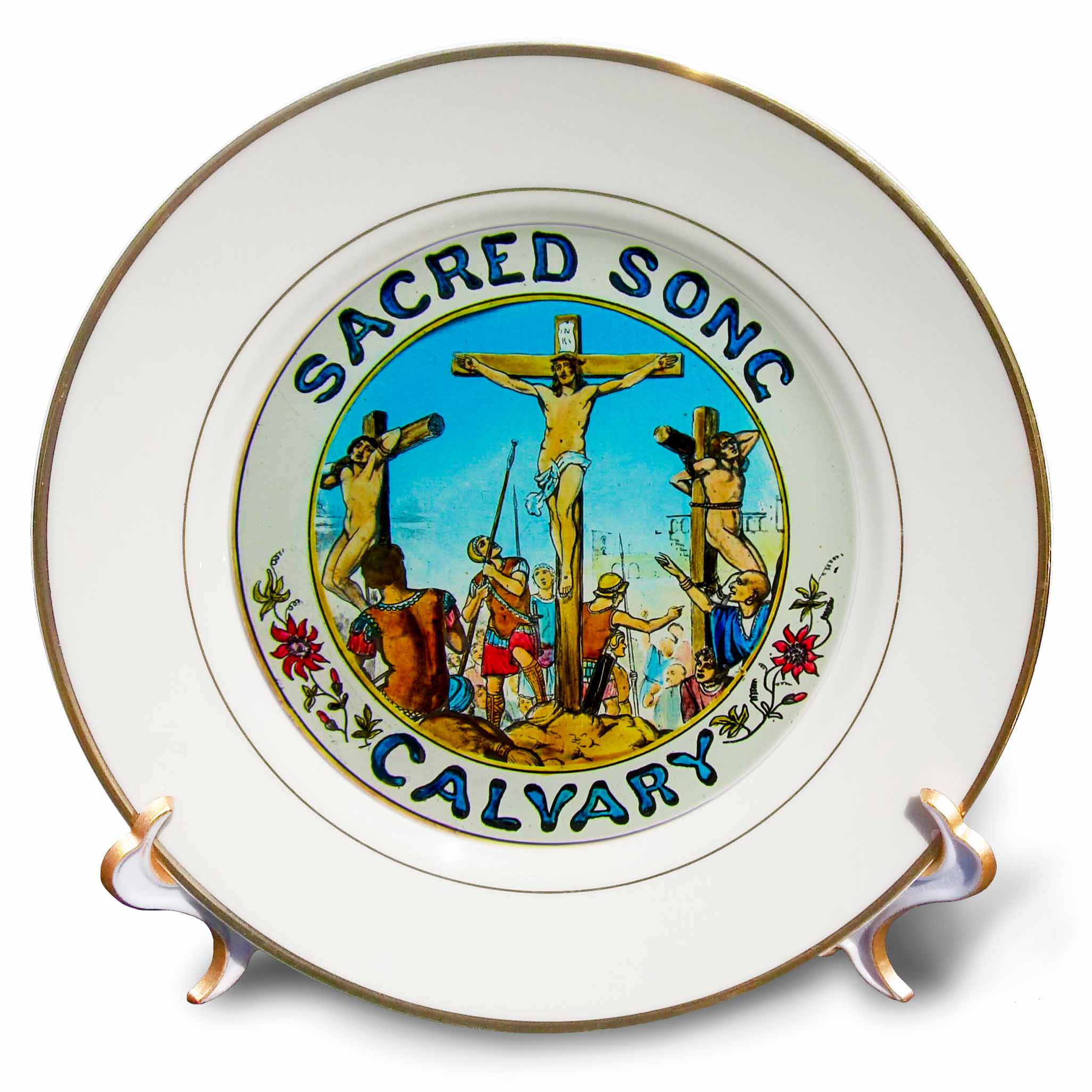 Porcelain decorative plate with Jesus-on-the-cross artwork and gold rim, on display stand.
