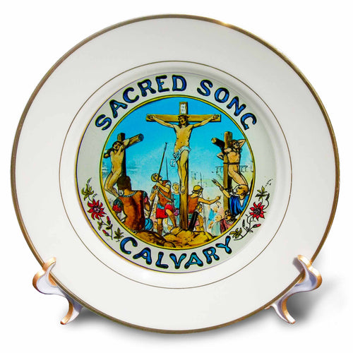 Porcelain decorative plate with Jesus-on-the-cross artwork and gold rim, on display stand.