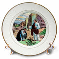 Porcelain decorative plate with gold rim, kneeling figures and standing man artwork