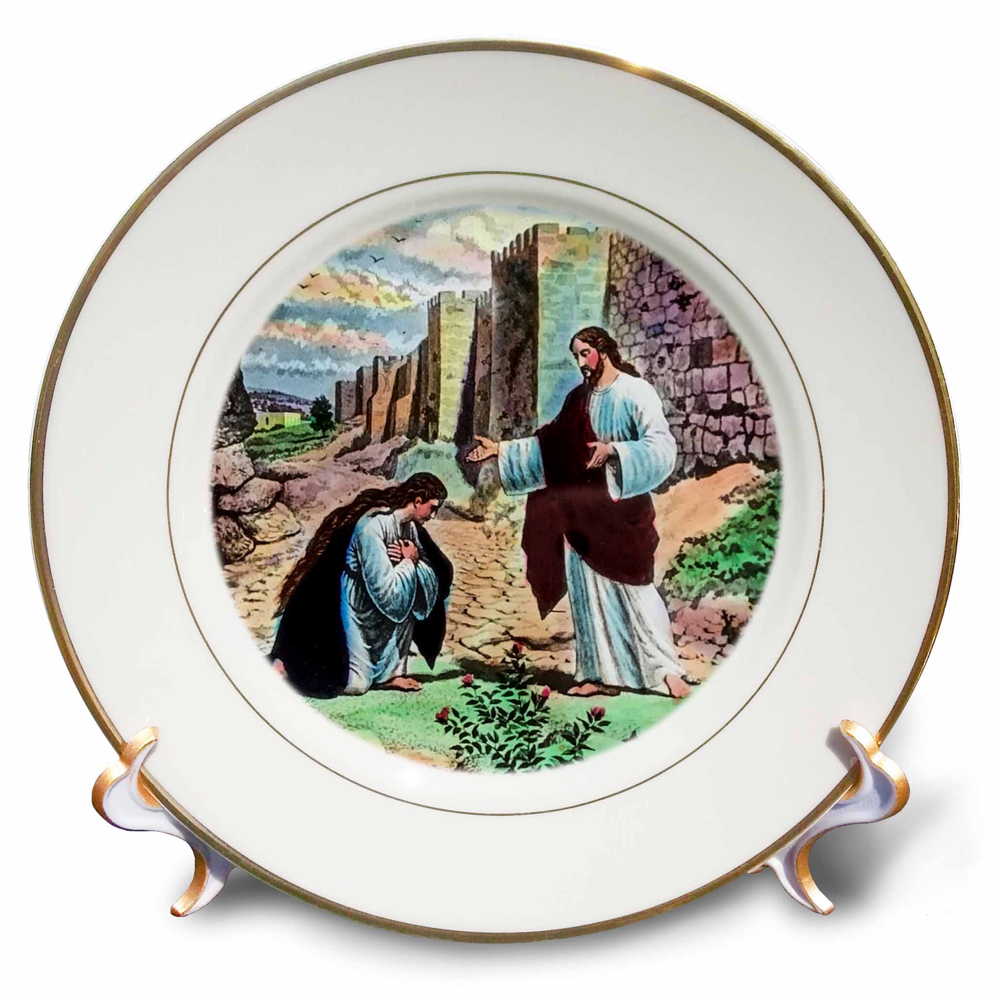 Porcelain decorative plate with gold rim, kneeling figures and standing man artwork