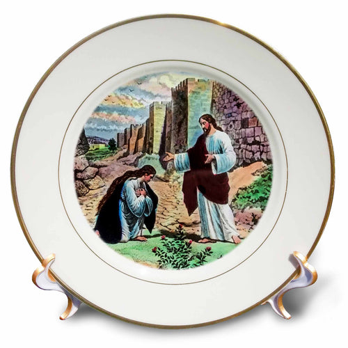 Porcelain decorative plate with gold rim, kneeling figures and standing man artwork