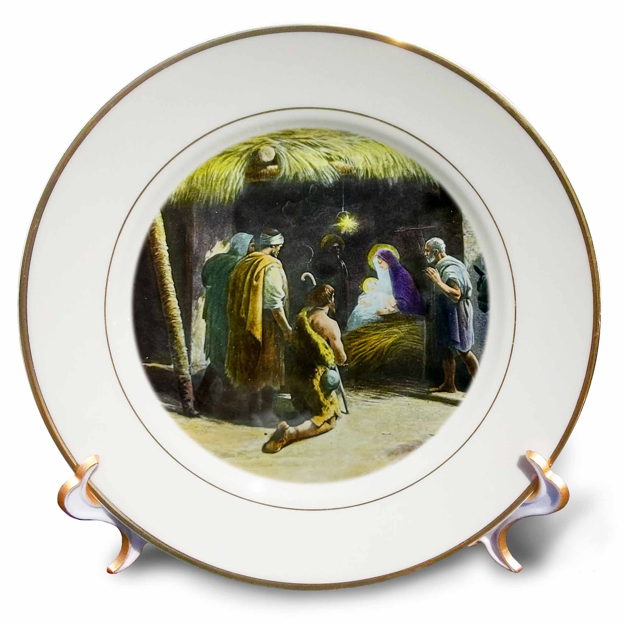 Porcelain plate with round nativity illustration, Mary and Jesus in manger scene