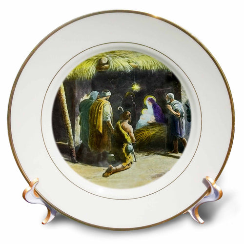 Porcelain plate with round nativity illustration, Mary and Jesus in manger scene