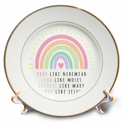 Porcelain decorative plate with rainbow graphic and Christian role-model text, gold rim